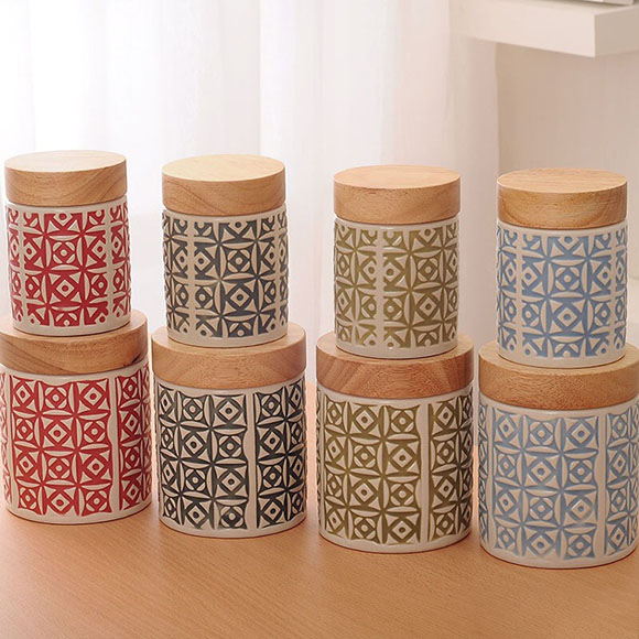 Western style antique style embossed porcelain candy nut food storage jar with bamboo lid
