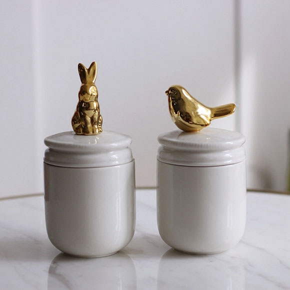 Home goods gold bird rabbit porcelain candy storage jar with lid