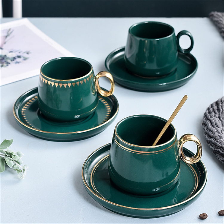 Wholesale green glaze golden handle porcelain latte coffee cup with saucer