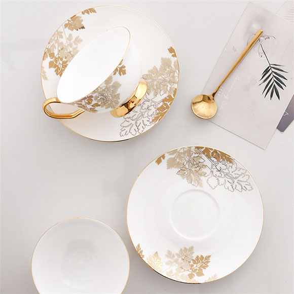 Custom royal design plants decal antique fine bone china coffee cup and saucer with gold rimmed
